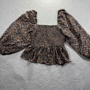 Blu Pepper Brown Paisley Square Neck Smocked Peplum Blouse W/balloon Sleeves Med